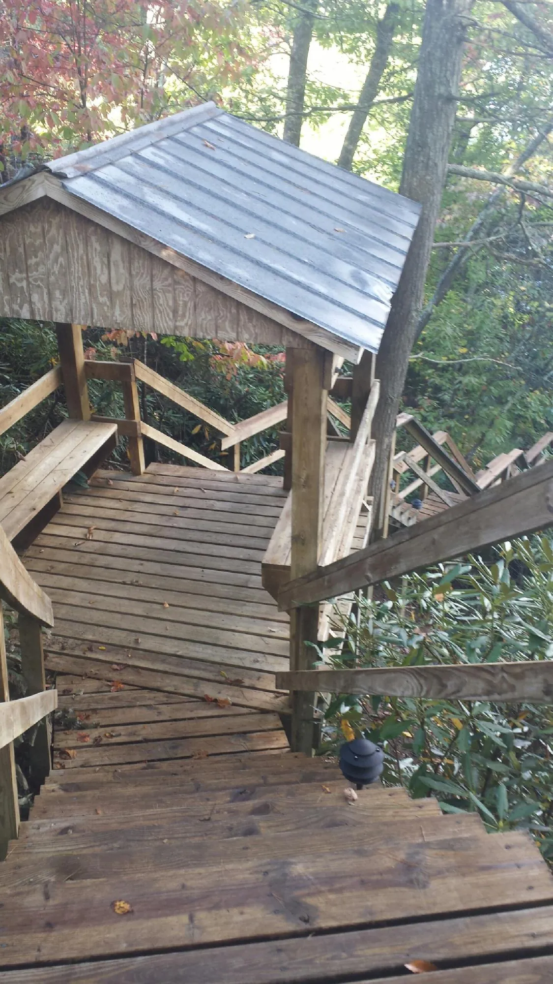 Metal roofed shelter over wooden steps on a wooded walkway — Skylight Repair & Installation work by our crew in Martelle